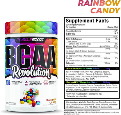 MuscleSport BCAA Revolution Amino Acid Powder Supplement for Men & Women - Intra Workout Training Complex - Recovery Supplement (Rainbow Candy, 30 Servings)