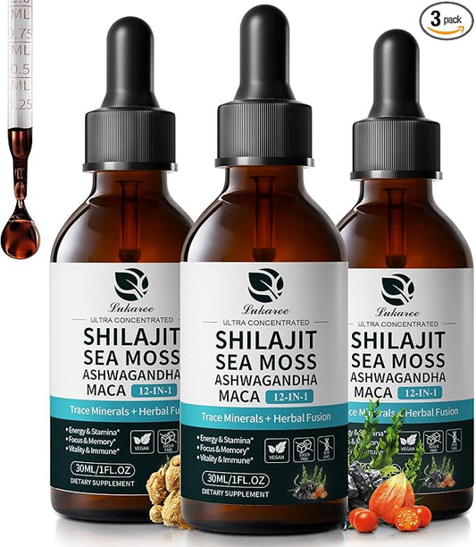 (3 Pack) Lukaree Shilajit Liquid Drops with Sea Moss, Ashwagandha, Maca, Fulvic Acid, Trace Minerals, 12-IN-1 Liquid Vitamins Supplement for Men and Women, Energy, Antioxidant, Immune Support, 3 FL OZ