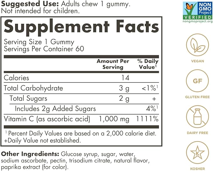 Solgar Vitamin C Gummies for Adults 1,000mg Ultra Potency Vitamin C Immune System Support for Women & Men - Tasty Tart Orange Flavor, Vegan & Gluten-Free Gummy, 2 Month Supply, 60 Servings, 2g Sugar