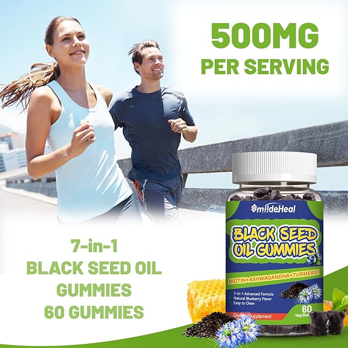 Black Seed Oil Gummies, Organic Black Cumin Seed Oil Gummies, Black Cumin Seed Oil Organic 500mg, Chewable Black Seed and Honey Gummies, Vegan, 60 Gummies