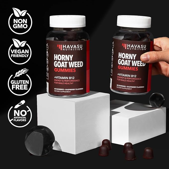 Horny Goat Weed Gummies with Vitamin B12 - Energy, Endurance & Performance Support for Male Health - 60 Count - Vegetarian-Friendly, Non-GMO, Pectin-Based - Raspberry Flavor, 1 Month Supply