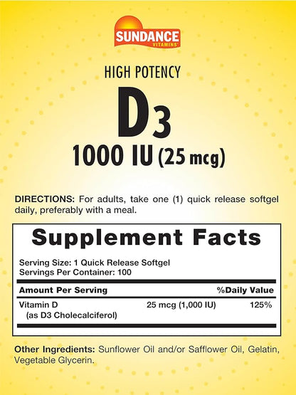 Sundance Vitamin D3 1000iu | 100 Softgels | High Potency Formula | Non-GMO and Gluten Free Supplement