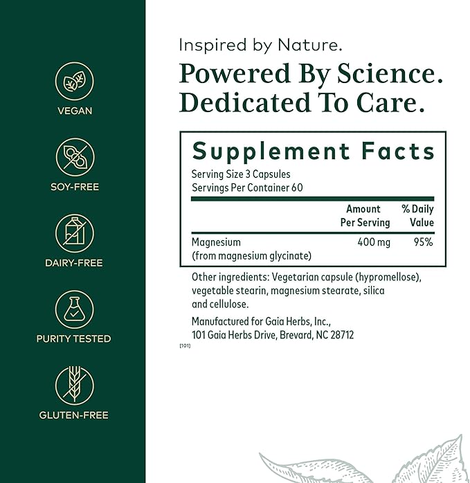 Gaia Herbs PRO Magnesium Glycinate 400mg - Highly Absorbable Supplement Supports Relaxation - Energy Support Supplement with Magnesium Glycinate* - Vegan, Gluten-Free - 180 Capsules (60 Servings)