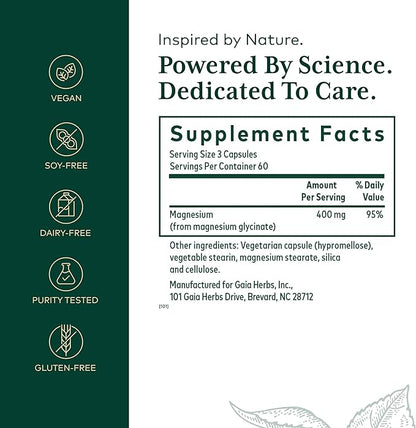 Gaia Herbs PRO Magnesium Glycinate 400mg - Highly Absorbable Supplement Supports Relaxation - Energy Support Supplement with Magnesium Glycinate* - Vegan, Gluten-Free - 180 Capsules (60 Servings)
