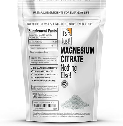 It's Just - Magnesium Citrate Powder, 500g, Magnesium Supplement, Unflavored (500g / 143 Servings)