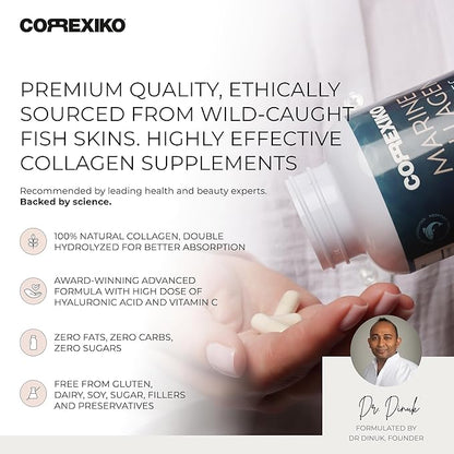 CORREXIKO Marine Collagen Supplement Pills - 1800mg Hydrolyzed Collagen Peptides per Serving with Added Hyaluronic Acid, Vitamin C & Minerals - for Hair, Skin & Nails - 240 Capsules 2 Month Supply