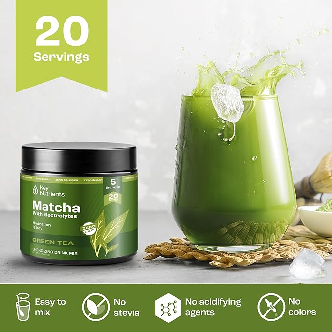 KEY NUTRIENTS Matcha Powder - Unsweetened Matcha Powder with Electrolytes for Hydration and Energy - Green Tea - No Sugar - Made in USA, 20 Servings