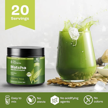 KEY NUTRIENTS Matcha Powder - Unsweetened Matcha Powder with Electrolytes for Hydration and Energy - Green Tea - No Sugar - Made in USA, 20 Servings