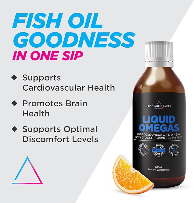 Livingood Daily Fish Oil Supplements with Omega 3 Fatty Acid, Liquid Omegas (200ml) - EPA & DHA Fish Oil Pills Support Heart & Joint Health - Promotes Healthy Digestion & Brain Function - Non-GMO