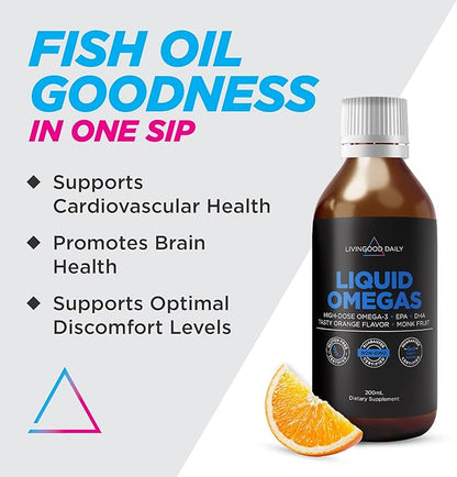 Livingood Daily Fish Oil Supplements with Omega 3 Fatty Acid, Liquid Omegas (200ml) - EPA & DHA Fish Oil Pills Support Heart & Joint Health - Promotes Healthy Digestion & Brain Function - Non-GMO