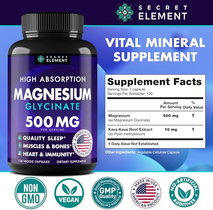 Magnesium Glycinate 500MG Capsules, Magnesium Supplement for Adults & Kids with Kava Kava, High Absorption, Vegan & Non-GMO, 120 Capsules