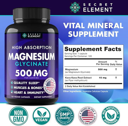Magnesium Glycinate 500MG Capsules, Magnesium Supplement for Adults & Kids with Kava Kava, High Absorption, Vegan & Non-GMO, 120 Capsules