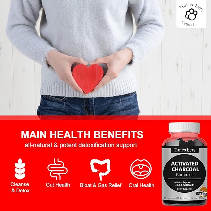 Activated Charcoal Gummies Sugar Free, 400mg Charcoal Supplements from Coconut, Quicker to Cleanse, Detox, Gas Relief, Gut & Oral Health for Adults & Kids, Gluten Free, Non GMO, Vegan, Pectin, 60