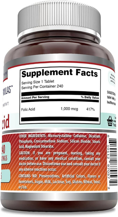 Amazing Formulas Folic Acid 1000 mcg (1 mg) Tablets Supplement | Vitamin B9 | Non-GMO | Gluten Free | Made in USA (240 Count | 2 Pack)
