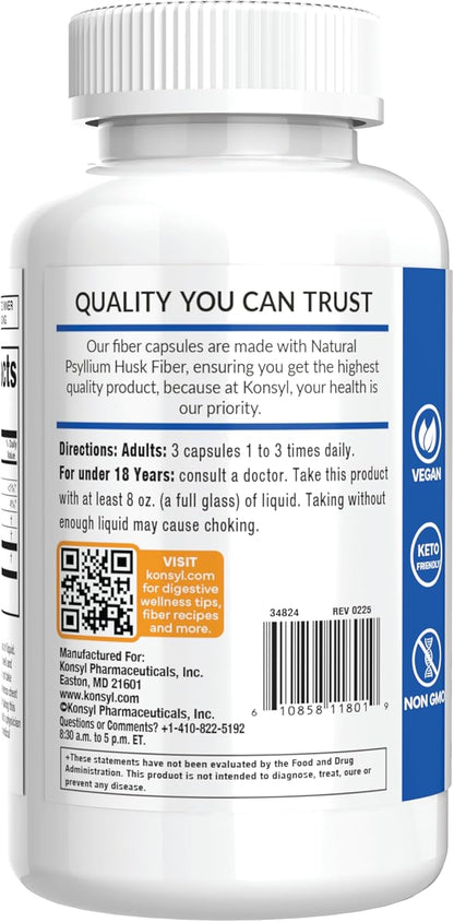 Konsyl Daily Psyllium Fiber Capsules - Contains 1500mg of All-Natural Psyllium Husk Powder per Serving - Supports Digestive Health and Weight Management Goals+ (200 Count (Pack of 2), Psyllium Husk)