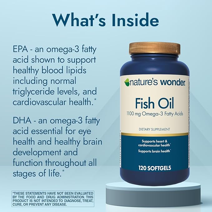 Nature's Wonder Fish Oil 1100mg Omega-3 Fish Oil Supplements for Women and Men, EPA & DHA for Healthy Joints, Heart, Immune System, 120 Day Supply of Softgels