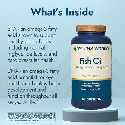 Nature's Wonder Fish Oil 1100mg Omega-3 Fish Oil Supplements for Women and Men, EPA & DHA for Healthy Joints, Heart, Immune System, 120 Day Supply of Softgels