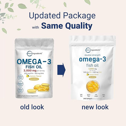 Micro Ingredients Omega 3 Fish Oil Supplements 3,000mg Per Serving, 240 Softgels | Lemon Flavored – Burpless | EPA 540mg + DHA 360mg | Heart & Brain Support | Deep Sea Fish