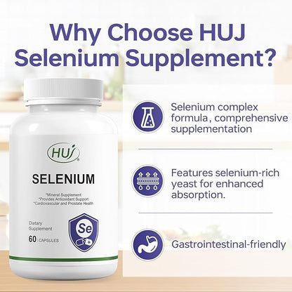 HUJ Selenium Supplement, 60 Capsules, Antioxidant Support, Mineral Supplement