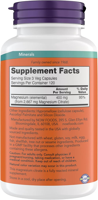 Now Supplements, Magnesium Citrate, Enzyme Function*, Nervous System Support*, Critical for Enzyme Function*, Gluten Free, Vegan, Kosher, Non-GMO 360 Vegetarian Capsules