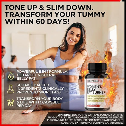 Belly Fat Burner Supplement for Women | Metabolism Booster, Suppress Appetite, Burn Calories | Extra Strength Weight Loss Pills for Women with 8 Strong Ingredients - 60 Servings