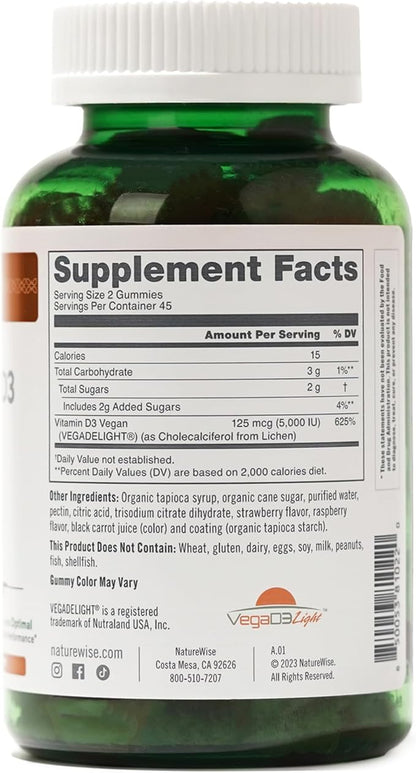 NatureWise Vitamin D3 5000 IU Gummies - Mixed Berry Flavor - Vegan D from Lichen, Pectin Based, Immune Support for Adults, Muscle & Bone Strength - Gluten Free, Non-GMO - 90 Count[45-Day Supply]