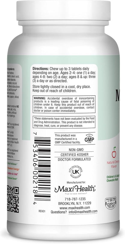 Maxi Health Chewable Multivitamin for Kids, Teens and Adults - Cherry Chewable Vitamins for Adults & Children - Kosher Kids Multivitamin + Iron (180 Tablets)