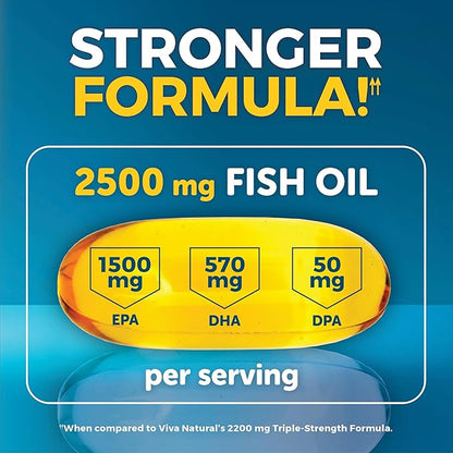 Viva Naturals Omega 3 Fish Oil Supplement for Women and Men - 2500 mg Triple Strength Fish Oil Pills with Re-Esterified Omega 3 Fatty Acids Including EPA, DHA DPA - 30 Pescatarian-Friendly Softgels