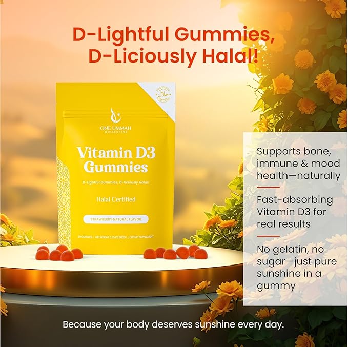Halal Certified Vitamin D3 Gummies 2000 IU - Sugar-Free, Vegan, & High Absorption - Cholecalciferol Supplement - Tasty Gummies for Adults and Kids