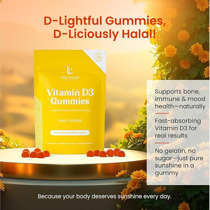 Halal Certified Vitamin D3 Gummies 2000 IU - Sugar-Free, Vegan, & High Absorption - Cholecalciferol Supplement - Tasty Gummies for Adults and Kids