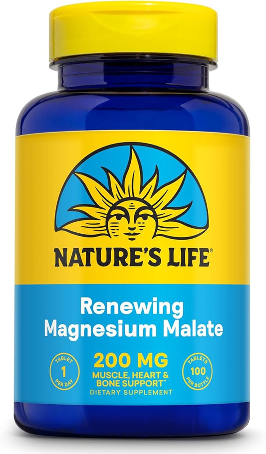 Nature's Life Renewing Magnesium Malate 200 mg - Once Daily Magnesium Supplement for Muscle and Nerve Function, Heart Health, Bone Support - Maximum Absorption, 60-Day Guarantee, 100 Serv, 100 Tablets