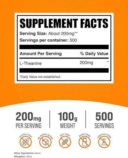 BulkSupplements.com L-Theanine Powder - L-Theanine Supplement, L-Theanine 200mg - Amino Amino Supplement, Pure & Gluten Free, 200mg per Serving, 100g (3.5 oz) (Pack of 1)