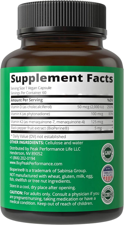 Peak Performance Advanced Vitamin D 2000 IU with All 3 Types of Vitamin K Vitamin D3 and Vitamin K2, K1, MK-7 (MK7), MK4 Supplements. 60 Small and Easy to Swallow Vegetable Pills (2000 IU)