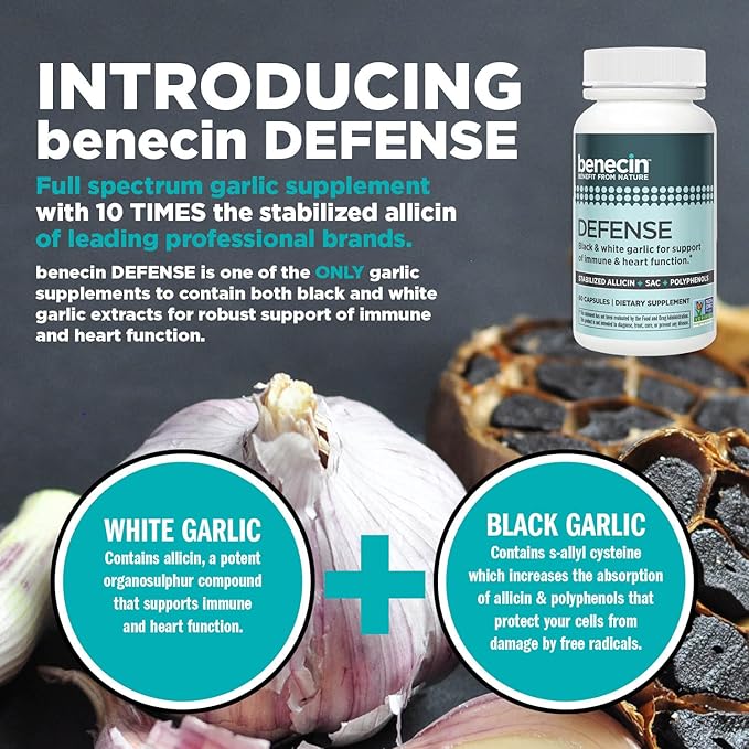 Benecin Defense 1500 mcg Stabilized Allicin per Capsule | Plus high Amounts of SAC & Polyphenols from Black Garlic | Powerful Support of Immune & Heart Function Vegetarian Caps (1 Count (Pack of 60))