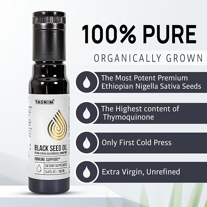 100% Ethiopian BlackSeed Oil 3.4 Fl Oz - Cold Pressed Black Seed Oil for Immune Support, High Potency 5.7% - 21% Thymoquinone Skin, Hair & Overll Health - Unrefined Black Cumin Seed Oil - Gluten Free