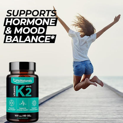 PhiNaturals Vitamin K2 Mk7 100 mcg Vegan 60 Capsules Bone Health Heart Cardiovascular Arteries - VIT k-2 MK-7 100mcg Supplement from Natto