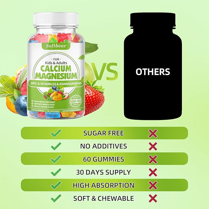 softbear Calcium Magnesium Zinc Gummies for Women, Calcium Magnesium Supplement Chewable Calcium 600 mg with Vitamin D3 for Bone Strength Vegan Mixed Fruit Flavor 120 Gummies