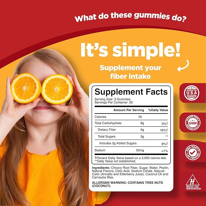 High Prebiotic Fiber Gummies for Kids - Dietary Fiber Supplements for Digestion & Constipation - Chicory Root Kids Immune Gummies - Non-GMO & Vegan Digestive Nutritional Supplements - 60 Count