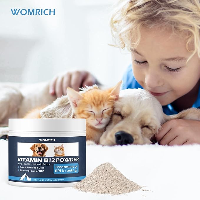 Vitamin B12 Powder Appetite Stimulant for Cats&Dogs Methylcobalamin Supplement with Folate and Intrinsic Factor, Treatment of EPI in Pets, Supports Energy, Red Blood Cell Formation, Nervous System 60g
