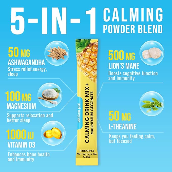 Venture Pal Magnesium Glycinate Powdered Calming Drink Mix with Ashwagandha, Vitamin D, L-Theanine, Lions Mane, Sugar Free Magnesium Supplement Blend for Calm, Relax & Focus, Non GMO, Vegan, 16 Sticks