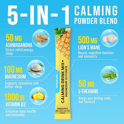 Venture Pal Magnesium Glycinate Powdered Calming Drink Mix with Ashwagandha, Vitamin D, L-Theanine, Lions Mane, Sugar Free Magnesium Supplement Blend for Calm, Relax & Focus, Non GMO, Vegan, 16 Sticks