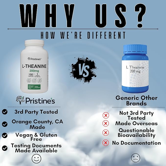 PRISTINE'S L Theanine Sleep Quality Support Amino Acid Supplement - 200MG 150 Day Supply - Relaxation & Mood Support Capsules - Vegan Non-GMO & Gluten Free
