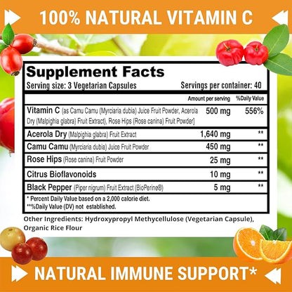 Fresh Healthcare 100% Natural Vitamin C - 500mg from Rose HIPS, Acerola Cherry & Camu Camu - High Absorption Immune Support, Skin, Joint & Collagen Booster with Citrus Biflavonoids - 120 Capsules