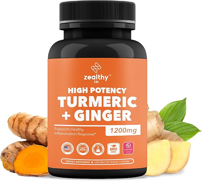 Turmeric + Ginger Capsules 1200mg | Joint Comfort, Inflammation Support & Digestive Health* | 180 Count | Zealthy Life High Potency Turmeric Ginger Supplement | 1200mg