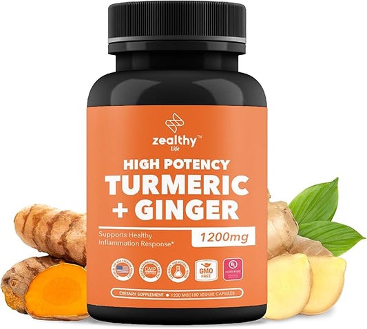 Turmeric + Ginger Capsules 1200mg | Joint Comfort, Inflammation Support & Digestive Health* | 180 Count | Zealthy Life High Potency Turmeric Ginger Supplement | 1200mg