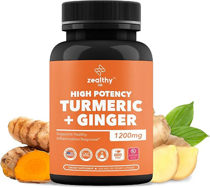 Turmeric + Ginger Capsules 1200mg | Joint Comfort, Inflammation Support & Digestive Health* | 180 Count | Zealthy Life High Potency Turmeric Ginger Supplement | 1200mg