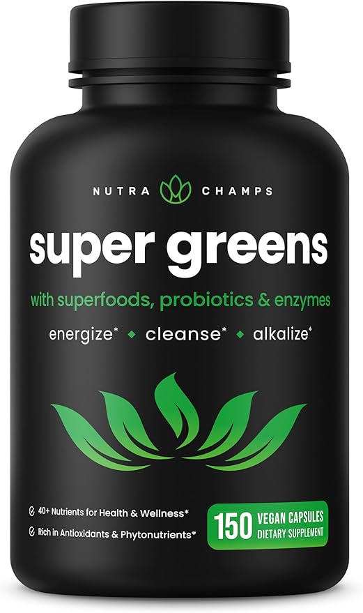 NutraChamps Organic Super Greens Capsules - Alfalfa, Spirulina, Chlorella & More - Antioxidant, Digestive Enzyme & Probiotic Blends - 150 Green Superfood Capsules