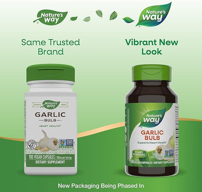 Nature's Way Garlic Bulb, Supports Heart Health*, Non-GMO Project Verified, 580 mg per Serving, Vegan, 100 Capsules (Packaging May Vary)