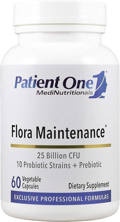Patient One Flora Maintenance | Probiotic Supplement to Aid Balanced Intestinal Flora* | 25 Billion CFU, 10 Probiotic Strains, Prebiotic | 60 Capsules
