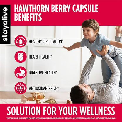 STAY ALIVE Extra Strength Hawthorn Berry Capsules, 20:1 Extract, 6-in-1 Antioxidant w/Citrus Bergamot, Turmeric Root Powder, Garlic, Arjuna & Black Pepper, 120 Vegan Pills, Hawthorne Berry Supplement